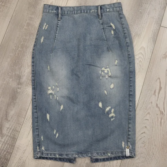 One Teaspoon Light Wash Denim Distressed Midi Pencil Skirt with High Slit - Picture 7 of 12